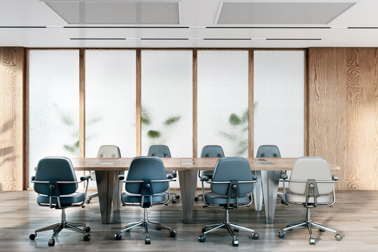 Modern office interior with wooden elements and frosted glass, featuring a conference table and chairs, indoors on a light background, concept of a corporate environment. 3D Rendering