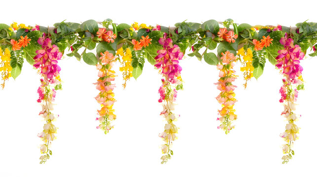 Hanging flower decoration border design Onam and Diwali concept image Flower border isolated on white background : Generative AI