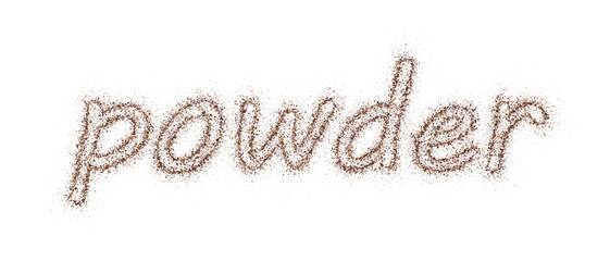 Word powder consists of particles ground from cocoa or coffee, flying dust pieces. Coffee colored dust grain texture isolated on white background. Vector crushed granules of sand brown cane sugar
