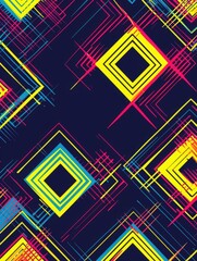 Abstract geometric pattern with yellow, pink, and blue lines on a dark background.