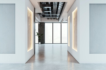 A modern gallery interior with illuminated frames, concrete floors, minimalist design, and city view, concept of an art exhibit. 3D Rendering