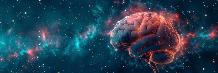 Horizontal banner. World Brain Day. Human brain on a dark background with sparks, spots and splashes. Mental health concept. Free space for text, copy space