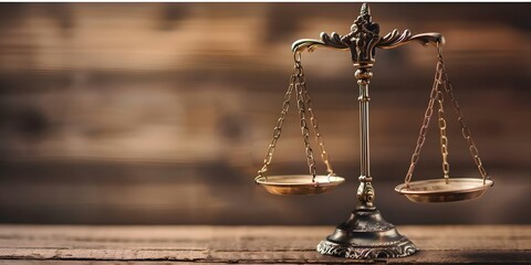 Antique bronze scale of justice on a luxurious wooden surface under subdued lighting. Concept Legal Decor, Vintage Aesthetics, Luxe Interiors, Symbolic Artifacts, Ambient Lighting