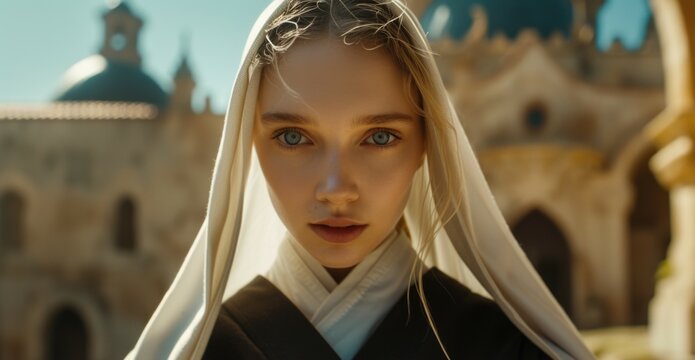 The young and beautiful blonde nun with blue eyes stands against the backdrop of a temple. AI generative.