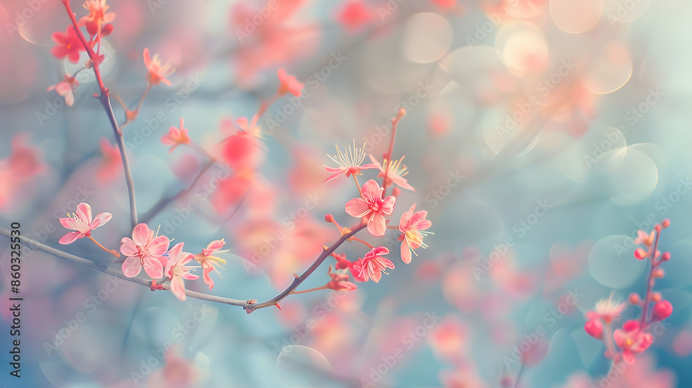 Poster Beautiful soft spring background Pink flowers on cherry tree branch on blue and pearl pastel background soft focus macro Expressive artistic image of spring nature ultra wide format Co : Generative AI