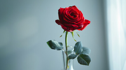 Fototapeta premium A single red rose in a glass vase on a light background.