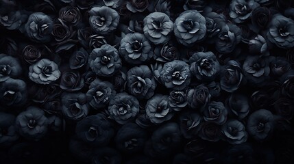 Carnation flowers texture. A dark, moody image of numerous black roses clustered together, creating a dramatic and mysterious atmosphere. Filled on full screen.