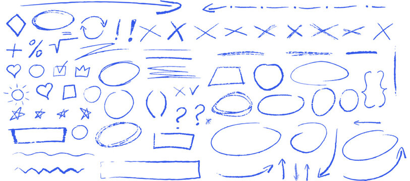 Blue underline pencil hand drawn various ellipses, punctuation marks, direction pointers, arrows, stars, question mark and exclamation point. Vector grunge blue strike through and underline elements.