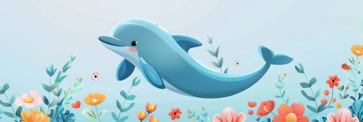 Obraz premium Horizontal banner. World Whale and Dolphin Day. Flat illustration. Cute dolphin swims in the sea, blue background with red flowers. Marine animal protection concept. Free space for text