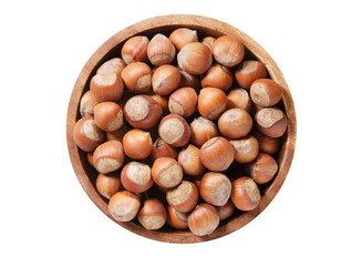 bowl of hazelnuts nuts isolated on transparent background, top view