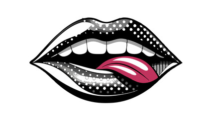 Pop art styled lips illustration with vibrant colors. Black background enhances the bold red and white tones. Modern and stylish graphic.