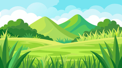 Obraz premium Scenic illustration of rolling green hills with lush vegetation and a bright, cloudy sky in the background, depicting a serene landscape.