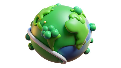 Colorful 3D illustration of Earth with exaggerated continents, clouds, and landscape elements, emphasizing global connectivity and environment.