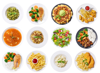 set of plates of food isolated on transparent background, top view