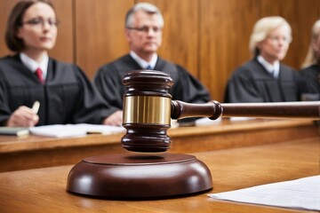 Legal judge's hammer in front of  lawyers and people at the background with copy space.