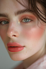 Fototapeta premium Close up of a woman with trendy natural makeup, pink blush on her cheeks and nose, peach eyeshadow on a grey background, beautiful eyes, skin, beauty