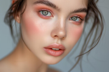 Close up of a woman with trendy natural makeup, pink blush on her cheeks and nose, peach eyeshadow on a grey background, beautiful eyes, skin, beauty
