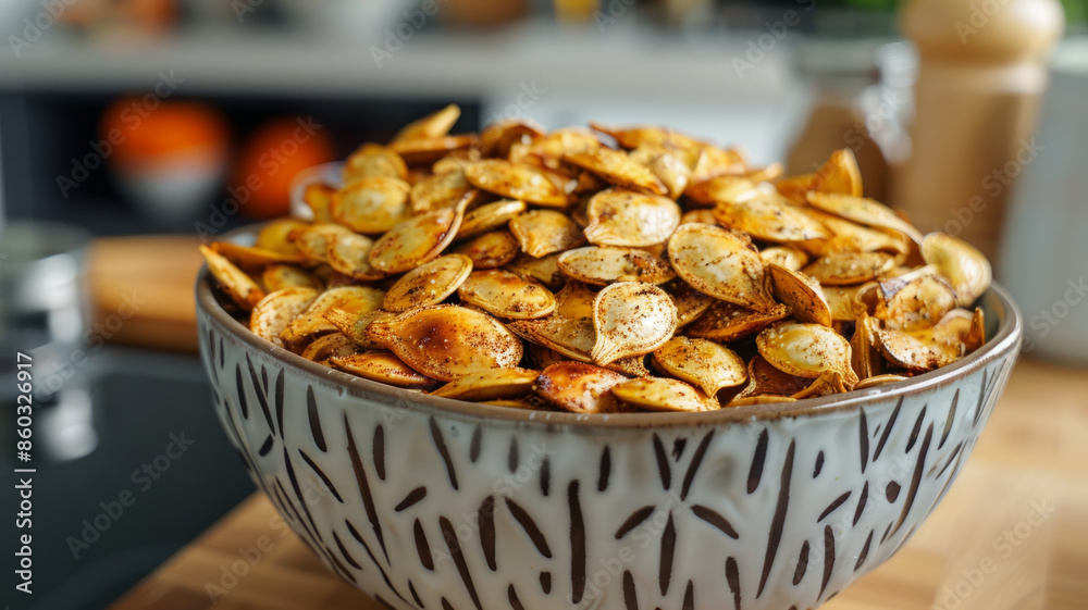 Wall mural A bowl of roasted pumpkin seeds on a wooden table. - Wall murals