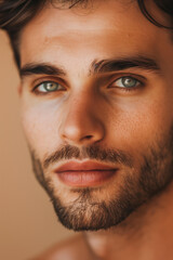 Obraz premium Close up portrait of handsome young man with clean fresh skin on beige background, copy space for text banner