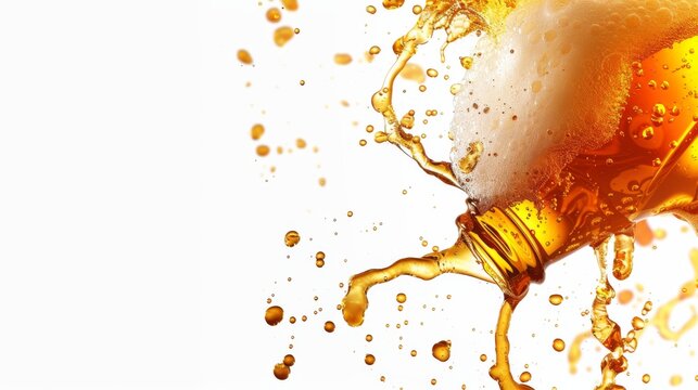Horizontal banner. International Beer Day. Open bottle of cold light beer with foam and splashes on a white background. Free space for text, copy space