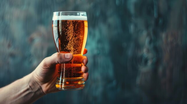 Horizontal banner. International Beer Day. Hand with a glass of beer on a dark background. Free space for text, copy space