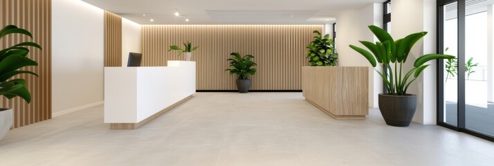 Fototapeta premium Modern Office Lobby Interior with Minimalist Design and Green Plants