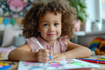 happy child coloring with crayons on a white paper. learning through play, parenting blogs, early childhood education, family lifestyle marketing, joyful artistic expression, home learning environment