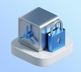 3d icon of safe with lock. 3d illustration for finance and banking on white background. simple 3d rendering of safe on platform