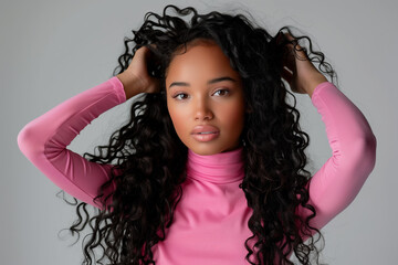 beautiful black girl with long curly hair wearing pink top, posing for photo in studio on light grey background, commercial photography, looking at camera, hands holding head, isolated 