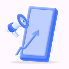 Boost your digital marketing with this icon featuring a megaphone and upward arrow on a smartphone. Perfect for advertising, social media promotions, and growth hacking strategies, 3D illustration 