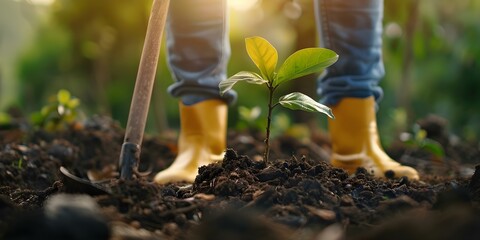 A person planting a tree with a shovel in the ground. Concept Environmental Conservation, Tree Planting, Gardening, Sustainability, Earth Day