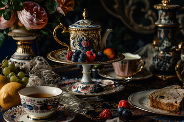 regency era tea party ,closeup still life with warm cozy vintage vibe
