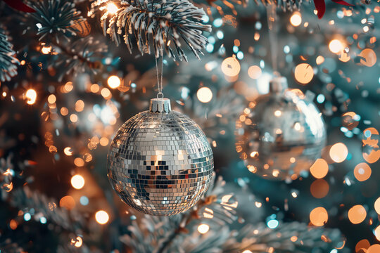silver disco balls as christmas tree baubles hunging on the branches, with confetti, festive new years party background