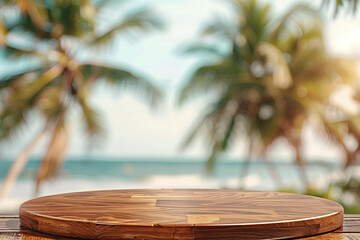Wooden round podium on the table against a blurred background of a tropical beach with palm trees, a summer concept for a product display presentation mock up in the food and drink industry