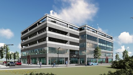 building in the city, 3d rendering of a modern, multi-story office building with large glass windows and several outdoor terraces