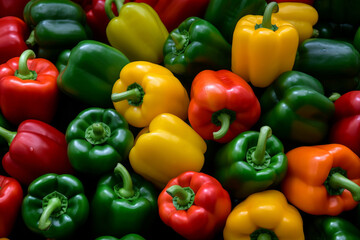 A vibrant assortment of fresh bell peppers in red, green, and yellow.