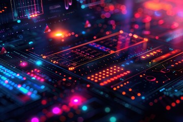 Futuristic neon circuit board with vivid glowing lights, showcasing advanced technology and digital innovation in a sleek and vibrant design.