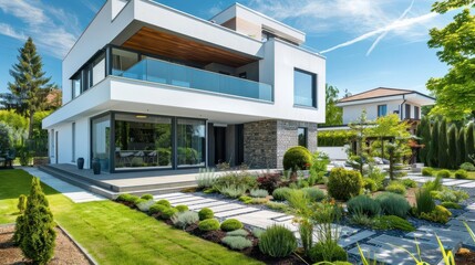Obraz premium modern luxury twostorey residence with contemporary architecture and landscaped garden highend property design