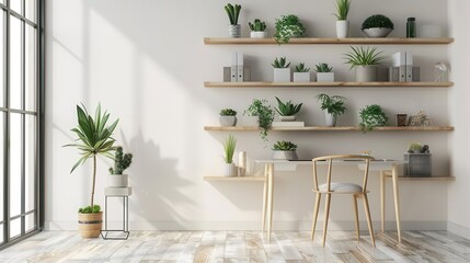 modern minimalist home office with succulent plants on wooden shelves loft style interior design