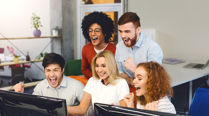 Excited employees sharing female colleague achievement, enjoying great success of their coworker, free space