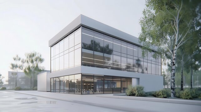 modern small industrial office building with minimalist glass design 3d rendering