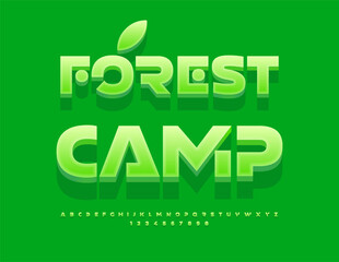 Vector eco banner Forest Camp. Futuristic Green Font. Artistic 3D Alphabet Letters and Numbers
