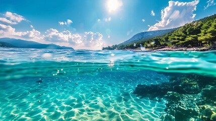 Split underwater view with sunny sky and serene sea, ocean view