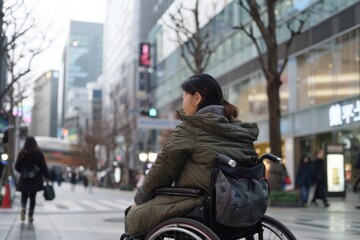 Obraz premium person using a wheelchair navigating city streets or urban environments with confidence and ease, showcasing accessibility and inclusivity in everyday life