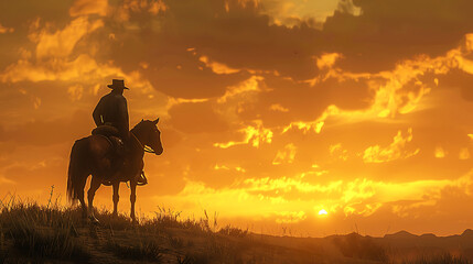 A captivating silhouette of a cowboy on horseback set against a breathtaking sunset sky