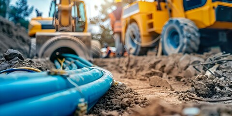 Installing fiber optic cables at a busy construction site. Concept Construction Safety, Fiber Optic Installation, Heavy Equipment Operation, Cable Management, Site Security