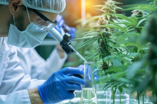 science behind hemp CBD oil production, researchers or scientists in laboratory setting, conducting experiment studies related to cannabinoid  extraction and formulation, medical marijuana research