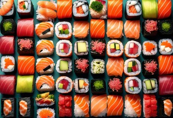 colorful assorted sushi platter fresh seafood japanese cuisine concept, selection, traditional, rice, raw, fish, salmon, tuna, shrimp, avocado, nori, wasabi,