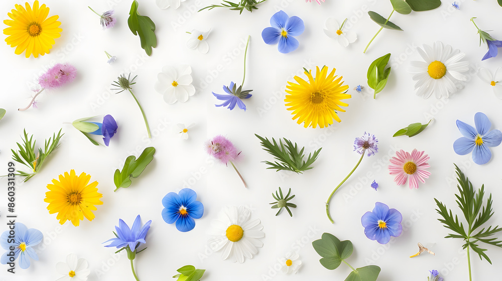 Aufkleber meadow flower creative pattern daisy cardamine dandelion scilla and viola flowers with leaves on whi