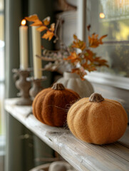 Two pumpkins on a wooden shelf with candles and autumn foliage.